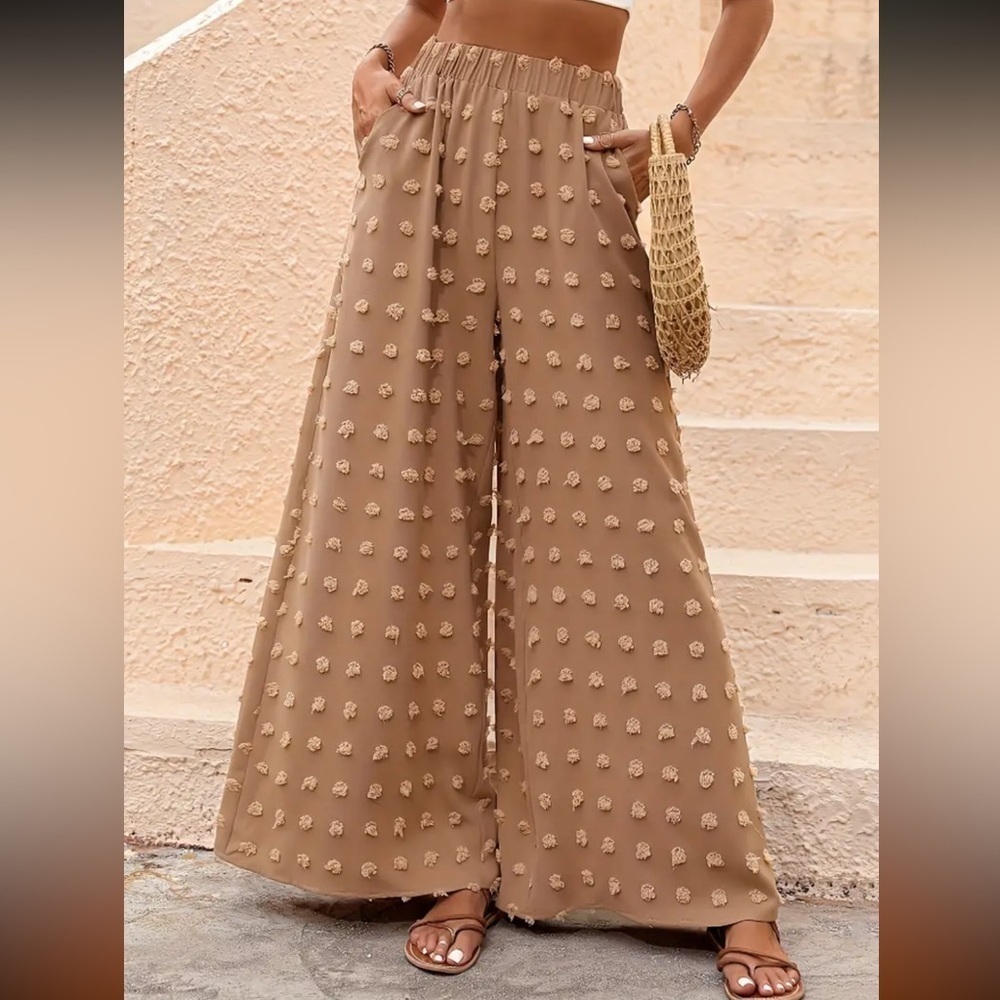 NIB Caramel Polka Dots High Waist Pants Wide Leg Solid Soft Comfortable Small - Picture 3 of 8